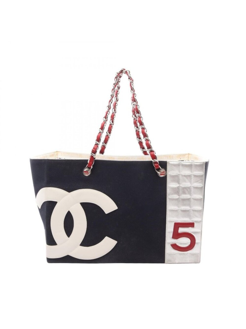 Chanel Tote Bag Choco Bar CC Logo Navy Multi Canvas Leather Chain